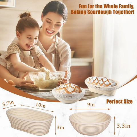 Family using All In One Sourdough Starter Kit With Banneton Baskets And Glass Jar For Home Bakers, 9in round and 10in oval baskets.