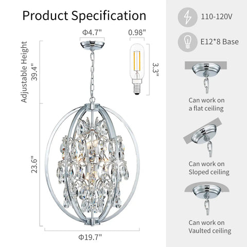Product specifications of Large Modern Globe Crystal Chandelier With 9 G9 Bulbs Not Included Adjustable Hanging Light Fixture