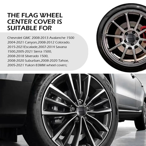 Top Shelf American USA Flag Wheel Center Caps For Chevrolet GMC Colorado Yukon Sierra 3.25 Inch Rim Hub Covers Blackout Design on alloy wheels.