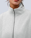 Close-up of Women's Quarter Zip Oversized Fleece Pullover Hoodie Sweatshirt Mock Neck Sweater For Fall, Cozy AF Soft Cotton-Poly Blend.