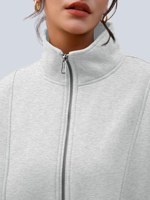 Close-up of Women's Quarter Zip Oversized Fleece Pullover Hoodie Sweatshirt Mock Neck Sweater For Fall, Cozy AF Soft Cotton-Poly Blend.