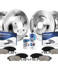 All In One Ceramic Brake Kit With 12.99 Inch Front Rotors And 12.91 Inch Rear Rotors Plus Ceramic Pads For Chrysler Town And Country Dodge Grand Caravan Journey And Ram C V 2012 2016 With Dual Piston Front Caliper showing brake rotors, pads, and cleaner.