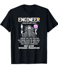 Engineer Funny Mechanical Civil Engineering Wizard Tee For Gearheads And Techies Lightweight Classic Fit Tee With Double Needle Hem Perfect Gift For Aerospace Biomedical Chemical Civil Mechanical And Structural Engineers featuring a wizard graphic and humorous text on a black shirt.