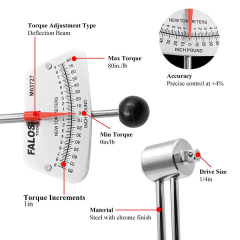 Quarter Inch Drive Beam Torque Wrench With 0 To 80 Inch Pounds And 0 To 9 Newton Meters, featuring deflection beam, steel chrome
