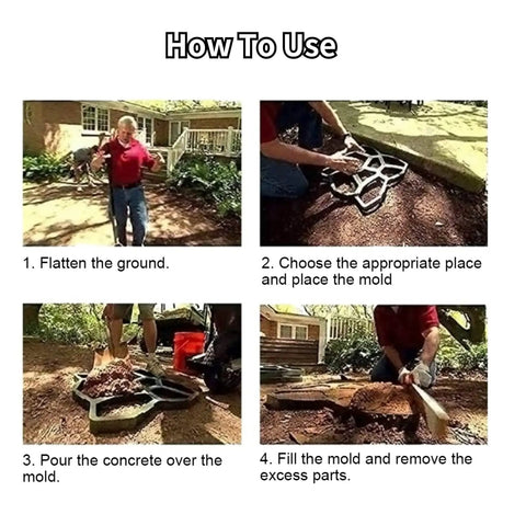 Steps for using Walk Stone Maker DIY Paving Mold For Concrete Pathways Hexagon Pattern, showing ground preparation and concrete pouring.