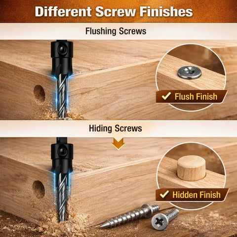 Five Pack Countersink Drill Bit Set With M2 HSS, Four-Flute Adjustable Tapered Countersink Bits With Hex Key, Ideal For Wood Cabinets Furniture And Metal, Includes Sizes 4 6 8 10 12, showing flush and hidden screw finishes in wood.