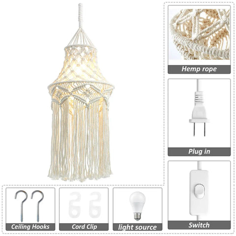 Cozy Boho Plug In Pendant Light With Handmade Macrame Shade 15 Foot Hanging Cord LED Bulb Included With Adjustable Color Temperature