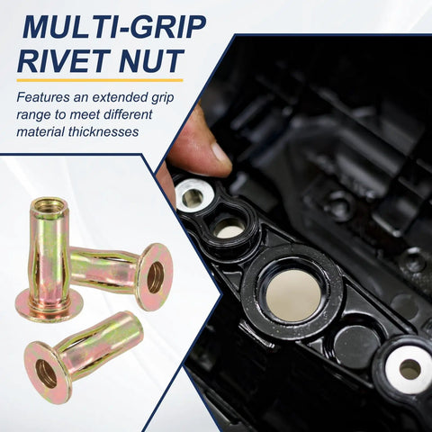 Heavy Duty Multi Grip Rivet Nuts With Pre Bulbed Shank And Flat Head Design Crafted From Zinc Plated Carbon Steel For Superior Rust Resistance And Tough As Nails Durability That Garage Crews Trust For Fast And Secure Metal Assembly