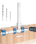 Heavy Duty Cabinet Hardware Jig Kit Featuring Rock Solid Steel Build And Triple Size Center Punch Bits For Flawless Drawer Pull Mounting with drill guide and bits.