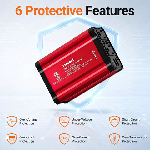 Heavy Duty 300 Watt Car Power Inverter with 6 protective features, including over-voltage and short-circuit protection.