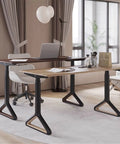 Smooth Electric Standing Desk With Natural Wood Top Adjustable Height Workstation Quiet Motor, dual desks in modern office.