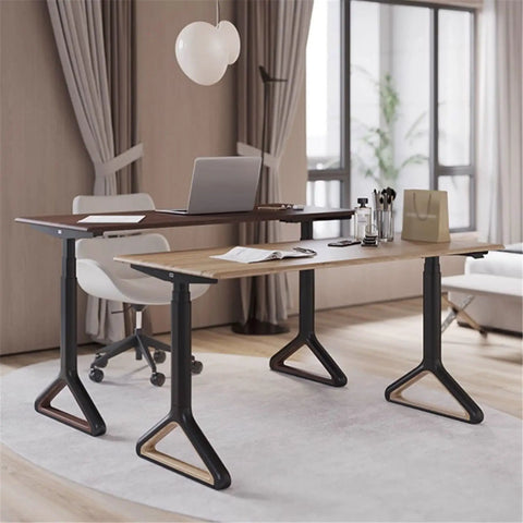 Smooth Electric Standing Desk With Natural Wood Top Adjustable Height Workstation Quiet Motor, dual desks in modern office.