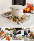 Thanksgiving Themed Dish Drying Mat With Pumpkin Fox Squirrel Motif 16x18 Inches on kitchen counter with cookware and autumn decor.