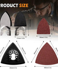 All In One Oscillating Tool Sanding Pads Kit with triangular and finger pads, dimensions displayed for each pad.