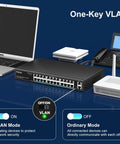 26-Port Gigabit PoE Switch With 24 PoE Ports And 2 Uplink Ports, Unmanaged Ethernet Switch With 320W Power, supporting VLAN, devices