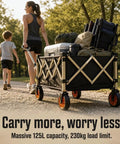 Heavy Duty Outdoor Folding Utility Wagon With 125 Liter Capacity And 600D Oxford Zero Hassle Folding Design Rolls Like A Dream On 5 Inch Silent Swivel Wheels hauling gear on a dirt path.