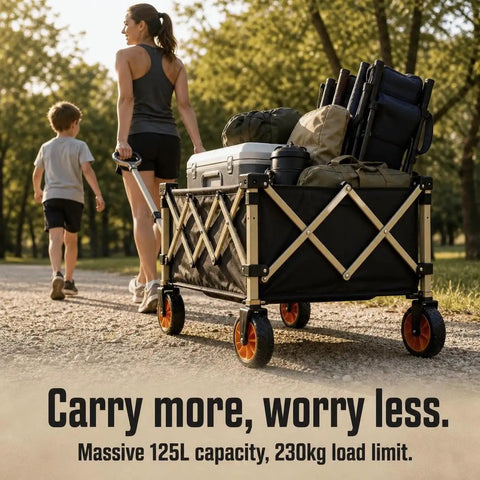 Heavy Duty Outdoor Folding Utility Wagon With 125 Liter Capacity And 600D Oxford Zero Hassle Folding Design Rolls Like A Dream On 5 Inch Silent Swivel Wheels hauling gear on a dirt path.