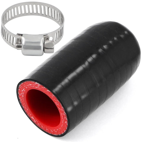Four Ply Reinforced Silicone Coolant Cap Vacuum Hose Plug With Clamp for Intercooler Intake Turbo Bypass Valve Heater Core Leak Repair Gearhead Grade Heavy Duty High Temperature Resistance, shown with stainless steel clamp.