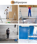 Four images showing Heavy Duty Aluminum Scaffold Tower Featuring Adjustable Retractable Work Platform And Non Slip Scaffolding Plank in use for painting tasks.