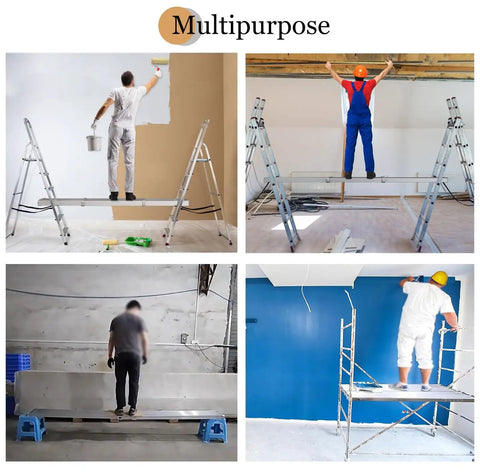 Four images showing Heavy Duty Aluminum Scaffold Tower Featuring Adjustable Retractable Work Platform And Non Slip Scaffolding Plank in use for painting tasks.