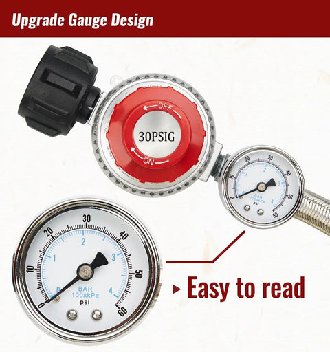 CALPOSE 5ft stainless steel propane regulator hose with gauge, red dial set to 0-30 PSI