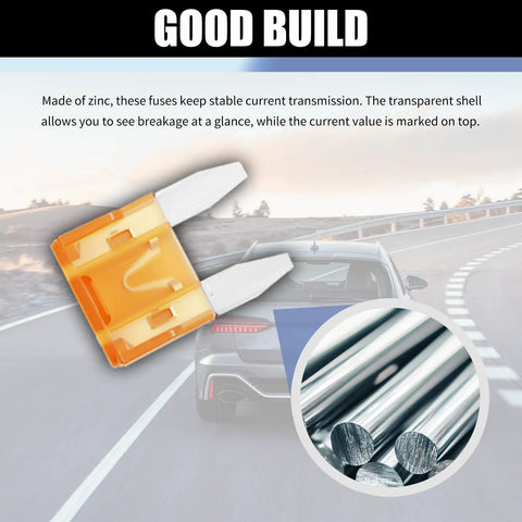 Tight 120 Piece Car Mini Fuse Assortment Kit With Heavy Duty Puller Tool For All Your Rides, showing zinc mini fuse in clear casing.