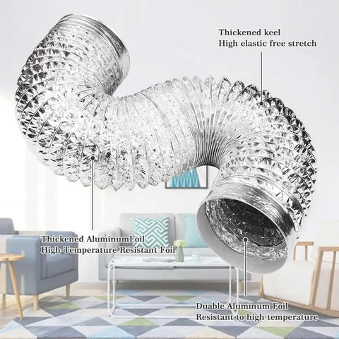 4 Inch 5ft Flexible Dryer Vent Hose Kit With Aluminum Insulated Ducting For Indoor And Outdoor Use shown installed over furniture.