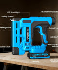 Pro Grade 18 Gauge Cordless Brad Nailer 21V With Twin 20Ah Lithium Batteries Rapid Charger detailed view with safety guard and battery indicator.