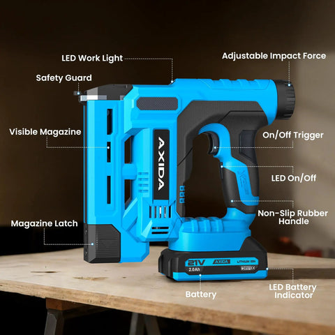 Pro Grade 18 Gauge Cordless Brad Nailer 21V With Twin 20Ah Lithium Batteries Rapid Charger detailed view with safety guard and battery indicator.