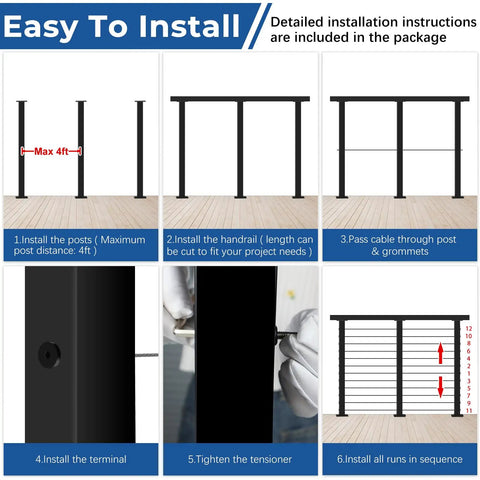 Installation instructions for Totally Modular Cable Railing Kit For Decks And Patios Featuring 42 Inch Stainless Wire Posts.