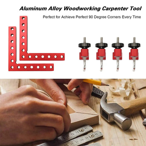 Right Angle Clamps Set 90 Degree Positioning Squares, 5.5 Inch Aluminum Alloy Woodworking Corner Tool, red clamps on workbench