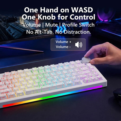 Ultra Durable 8Khz Magnetic Hall Effect Mechanical Gaming Board Featuring Clutch Rapid Trigger Keys and Snappy Seventy Five Percent Layout with volume knob.