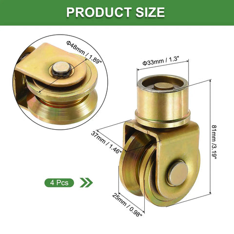 Built Tough 1.9 Inch Sliding Gate Wheels 4 Pack Smooth Operator 360 Degree Swivel V Groove Caster Pulleys dimensions shown.
