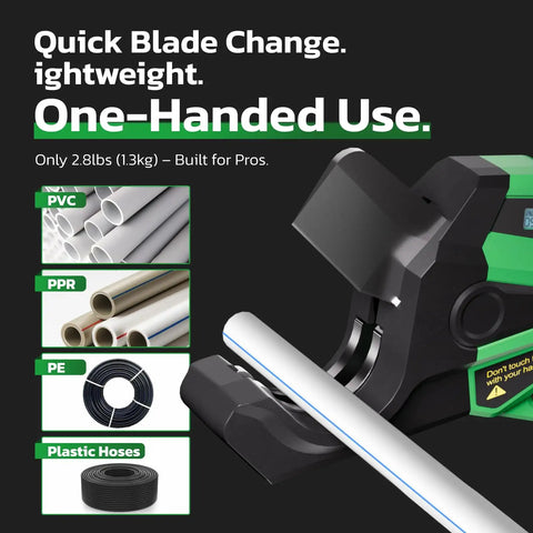 Cordless 18V PVC Pipe Cutter with LCD display cutting PVC pipe, ratcheting shear for PVC PPR PE PEX pipes, easy grip tool.