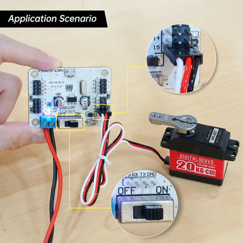 16 Channel PWM Servo Tester Board with Over Current Protection and USB Port for DIY Bots connected to servo motor.
