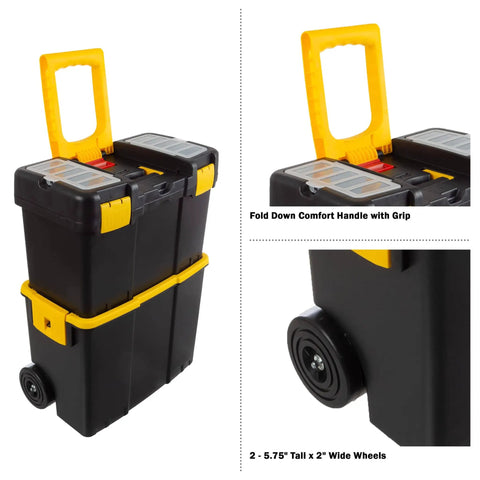Portable Rolling Tool Box With Wheels Stackable Two In One Tool Chest With Fold Down Comfort Handles Tough Latches And Removable Storage Trays