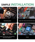Guide showing installation of 30A Auto Reset DC Circuit Breaker For 12V To 14V Cars ATO ATC Low Profile In Line Protector