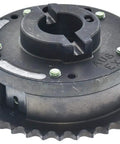 Garage Tested Variable Timing Sprocket With Corrosion Resistant Housing And Reinforced Brackets, black metal, top view, precise design.