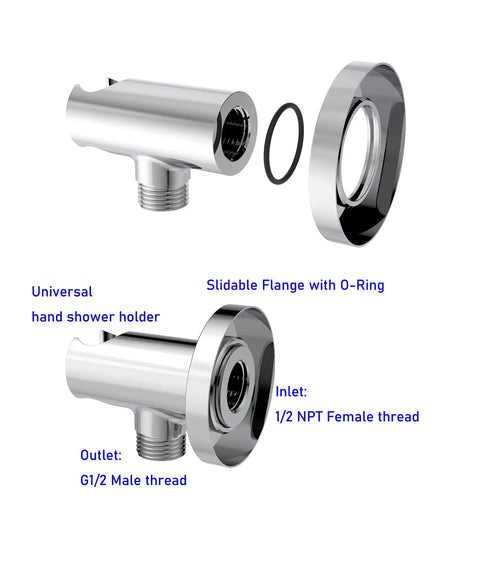 Heavy Duty Solid Brass Wall Supply Elbow with O Ring Flange and Hand Shower Holder One Half NPT Female Inlet Round Chrome Wall Union