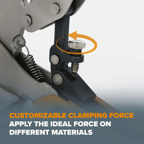 Close-up of Auto Adjust 6 Inch Drill Press Clamp for Woodworking and Metalworking with customizable clamping force.