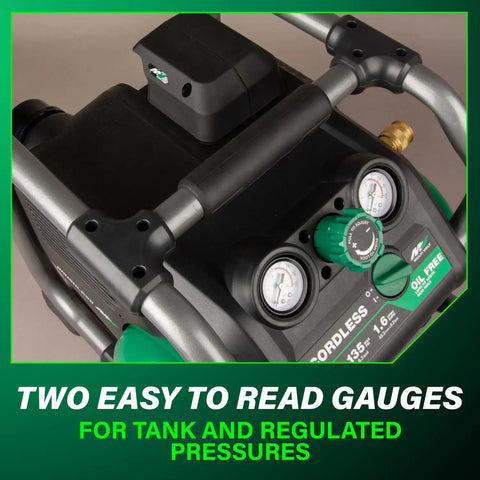 36V MultiVolt 2 Gallon Cordless Air Compressor On The Go Power For Pneumatic Finish Nailers And Tire Inflation Tool Body Only No Battery Included EC36DAQ4 showing pressure gauges