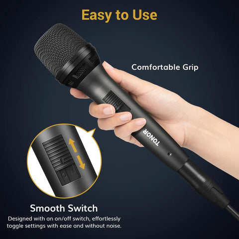 Person holding Dynamic Handheld Karaoke Microphone with Cardioid Pattern for Studio Quality Sound, Wired XLR to Quarter Inch Cable.
