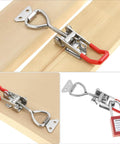 Beefy Heavy Duty Toggle Latch Clamp 2 Pack Made From 304 Stainless Steel With Quick Release Pull Latch 1320 Lbs Holding Capacity For Tool Boxes And Cabinets Anti Rust Hardware Adjustable Length 5.9 To 6.7 Inches Easy Screw Install, view showing latch installed on wood, side view, and close-up with lock attachment