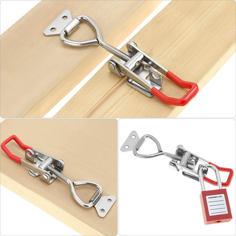 Beefy Heavy Duty Toggle Latch Clamp 2 Pack Made From 304 Stainless Steel With Quick Release Pull Latch 1320 Lbs Holding Capacity For Tool Boxes And Cabinets Anti Rust Hardware Adjustable Length 5.9 To 6.7 Inches Easy Screw Install, view showing latch installed on wood, side view, and close-up with lock attachment