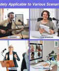 Adjustable 13.78 Inch Gooseneck Desk Microphone Stand with Clip in various settings like concerts, broadcasts, speeches, and meetings