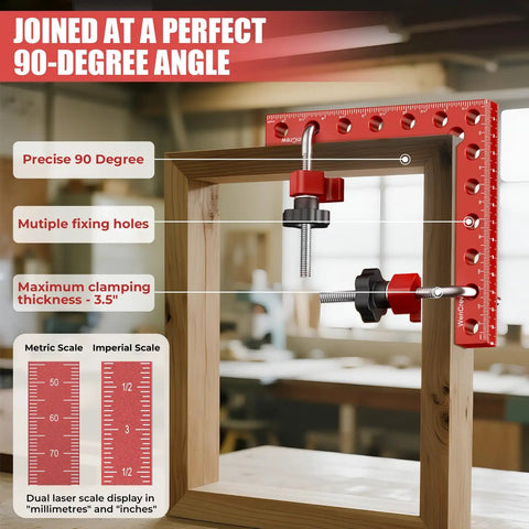 4 Piece 90 Degree Corner Clamps For Woodworking, Aluminum Alloy Right Angle Clamps on wooden frame with scale display