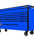 Kickass 72 Inch Triple Bank Rolling Tool Cabinet With 17 Heavy Duty Ball Bearing Drawers Quick Release Handles High Gloss Powder Coat Finish in blue color.