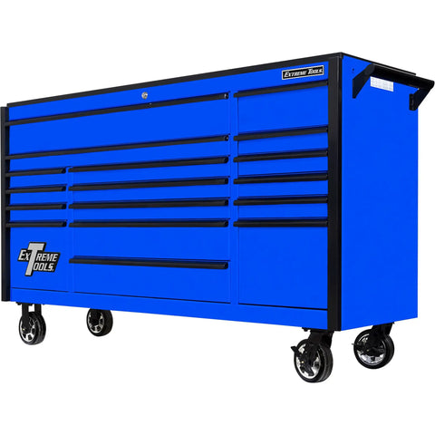 Kickass 72 Inch Triple Bank Rolling Tool Cabinet With 17 Heavy Duty Ball Bearing Drawers Quick Release Handles High Gloss Powder Coat Finish in blue color.