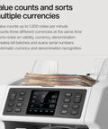 Bank Grade Money Counter Goes Hard On Counting Up To 1200 Bills Per Minute With Advanced Counterfeit Detection, showing the machine's interface and stacked bills.