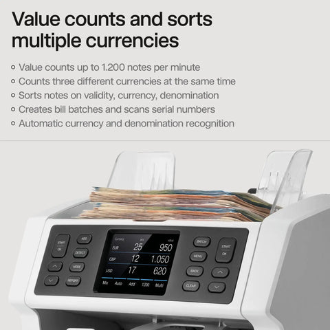 Bank Grade Money Counter Goes Hard On Counting Up To 1200 Bills Per Minute With Advanced Counterfeit Detection, showing the machine's interface and stacked bills.